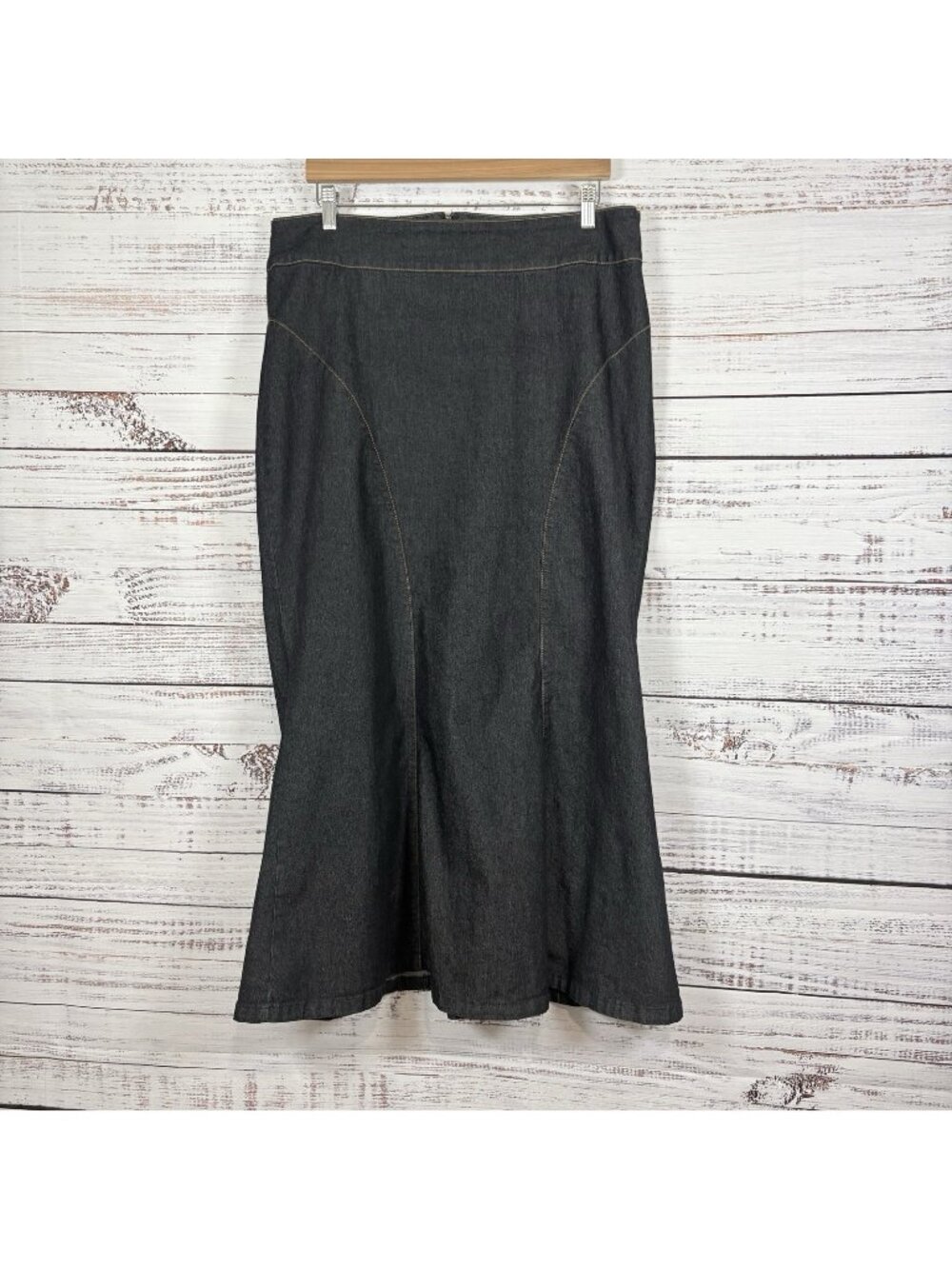 Bisou Bisou Dark Wash Flared Stitching Midi Denim Skirt
